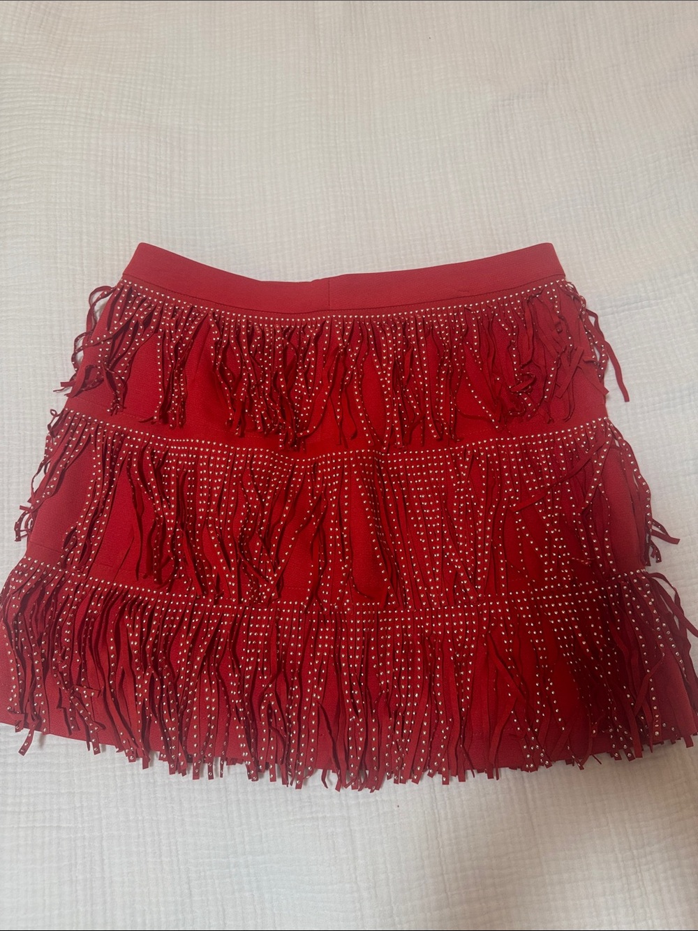 Free the Roses Red Fringe Mini Skirt with Stud Detailing